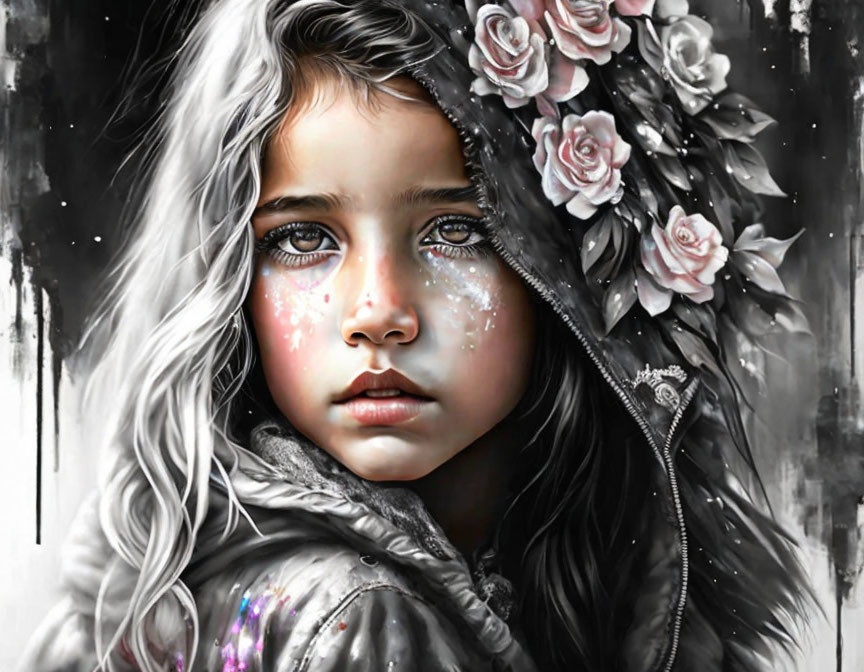 Digital artwork: Young girl with blue eyes, pink roses in hair, sparkles on cheek