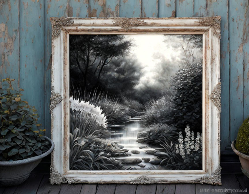 White ornate frame with monochrome nature painting on rustic blue wall.