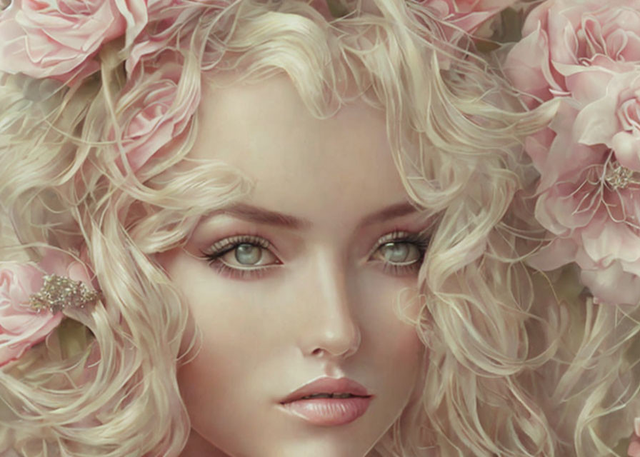 Blonde Curly Hair Woman Portrait with Pink Roses