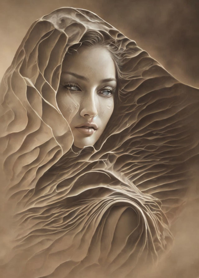 Sepia-Toned Artistic Portrait of Woman in Flowing Sand Dune Fabrics