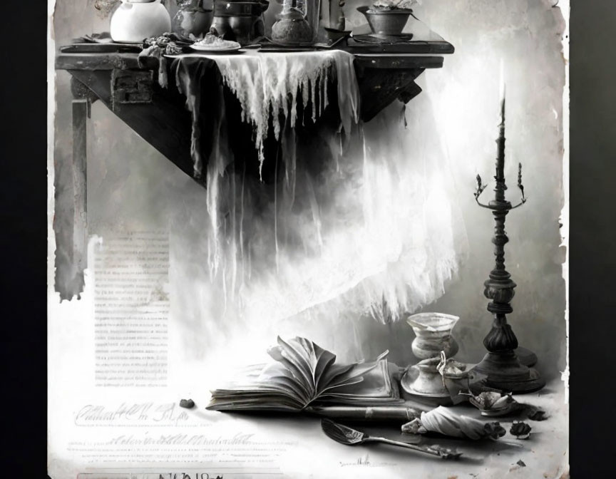 Vintage desk with candle wax, candelabra, books, and ink pots in monochrome art.