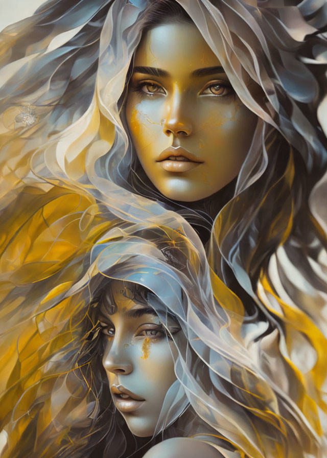 Digital artwork of two women with flowing hair in warm golden and cool gray tones, evoking a mystical