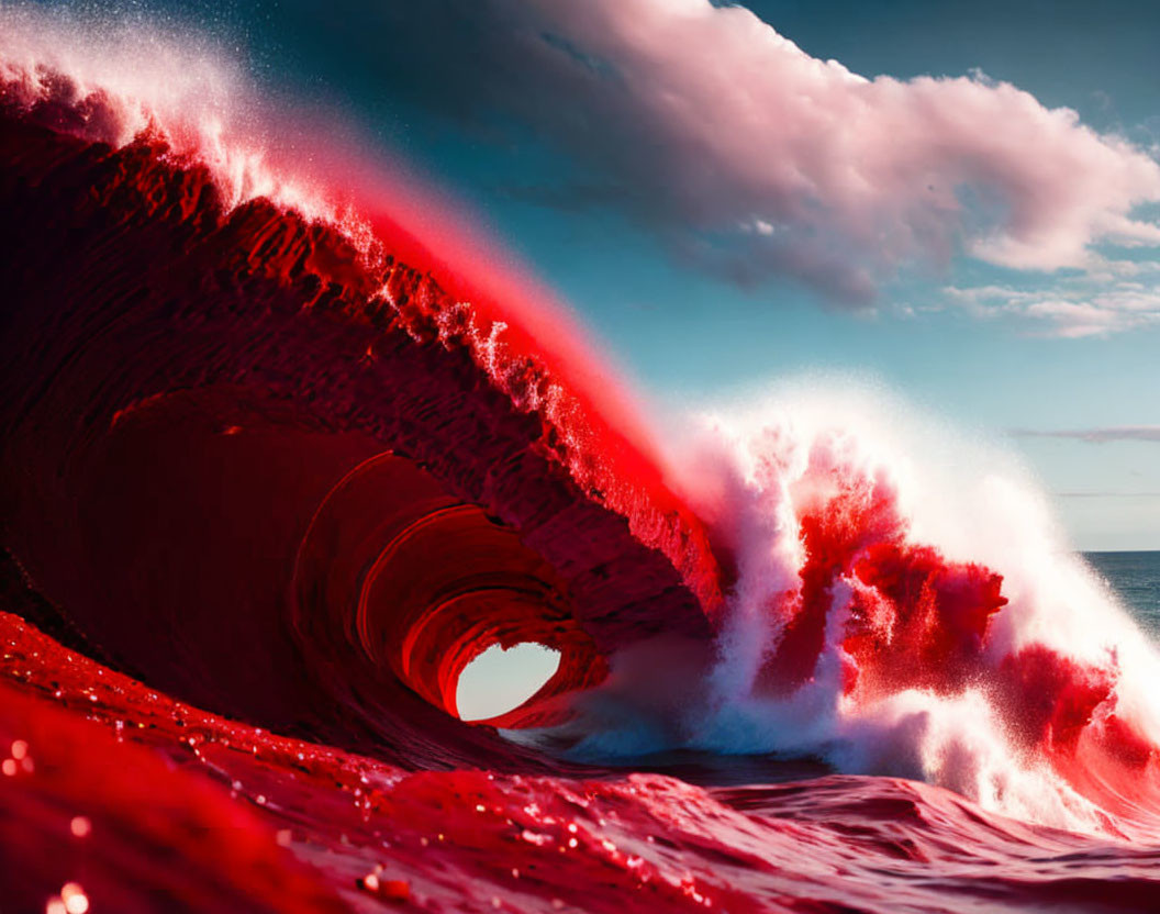 Colorful Ocean Wave Crashing with Red and Blue Hues