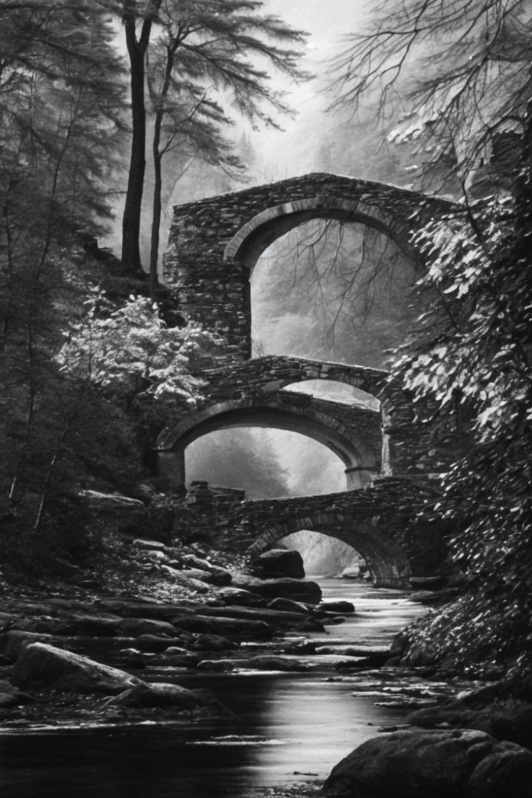 Tranquil forest stream with stacked stone arch bridges