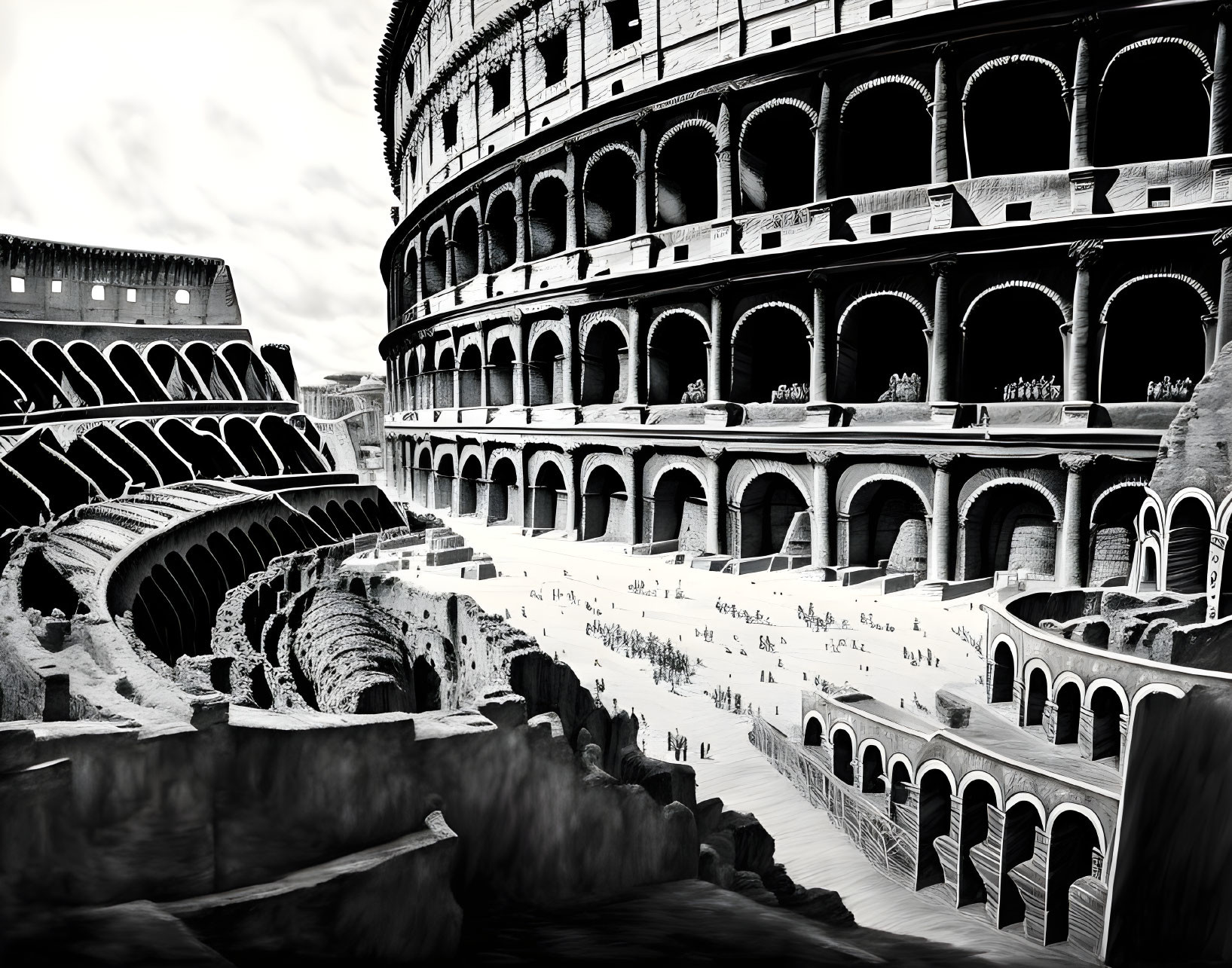 Monochrome Colosseum interior with ruins, arches, and visitors.