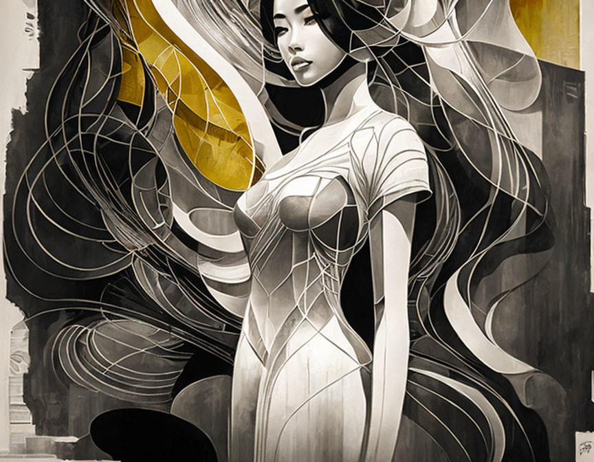 Monochromatic artwork of woman with abstract hair designs in grayscale and yellow