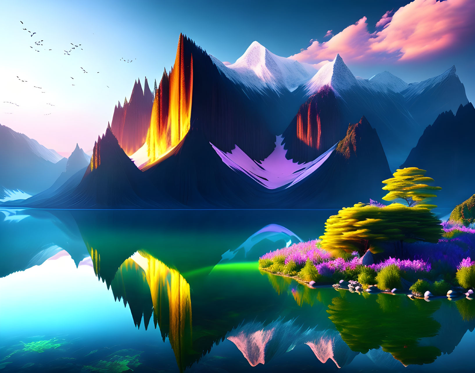 Vibrant digital landscape with fiery peaks, serene waters, colorful flora, and flying birds