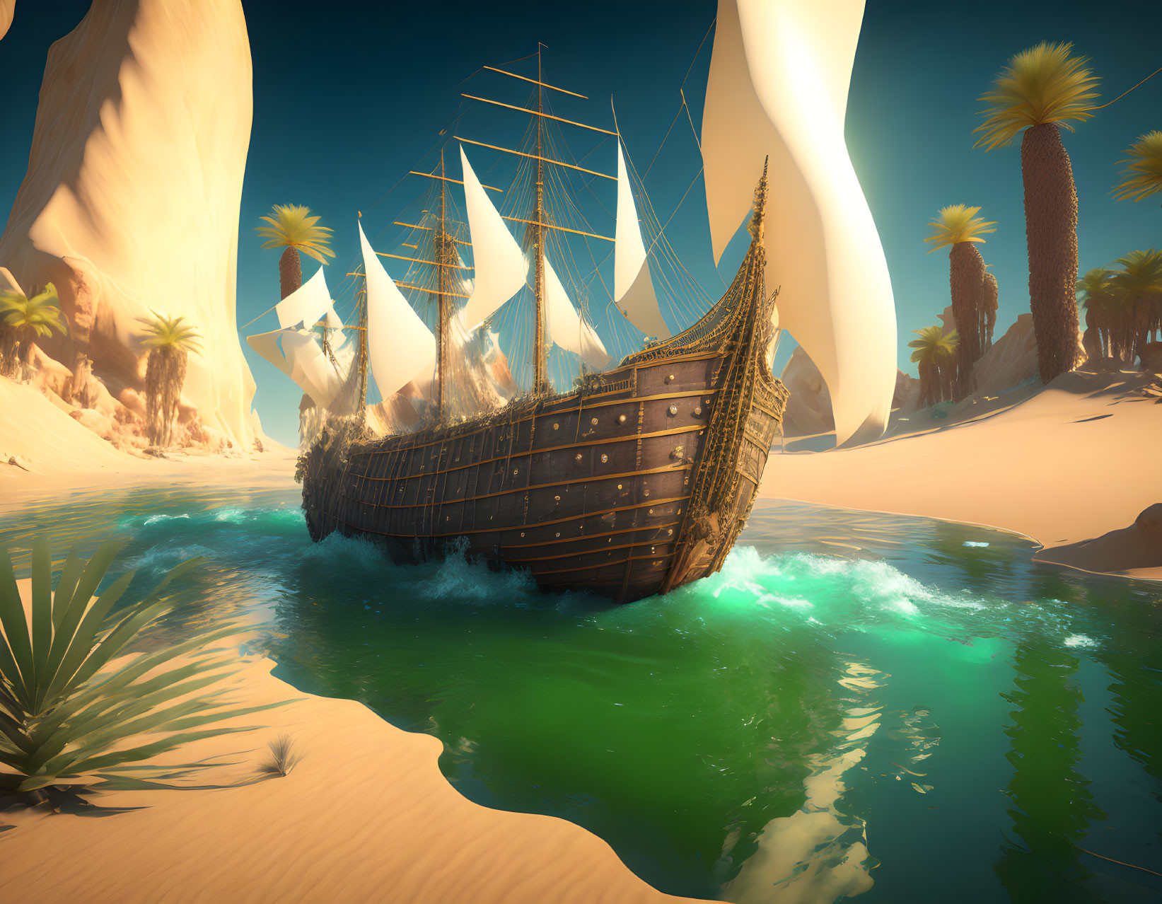 Wooden sailing ship stranded in desert oasis with palm trees under bright sky