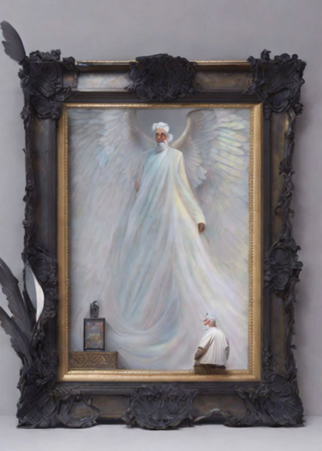 Angel painting with open wings above praying figure in ornate black frame