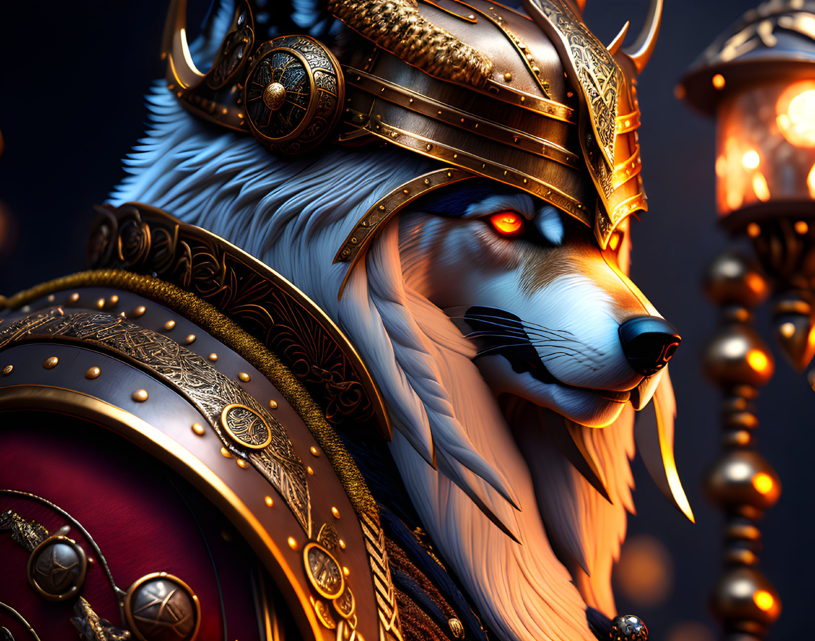 CGI portrait of anthropomorphic wolf in golden battle armor with red eyes