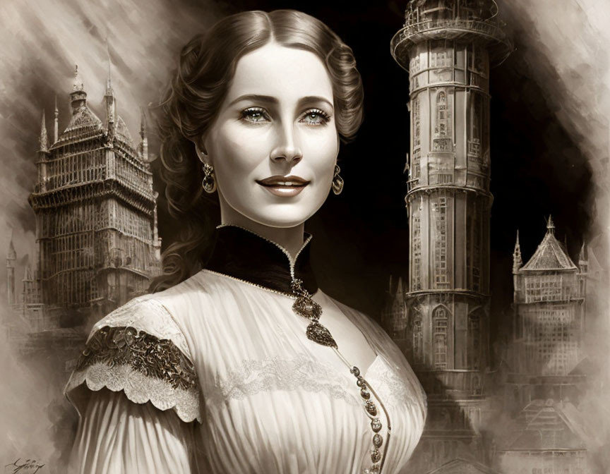 Vintage sepia portrait of a smiling woman in lace collar against grand buildings