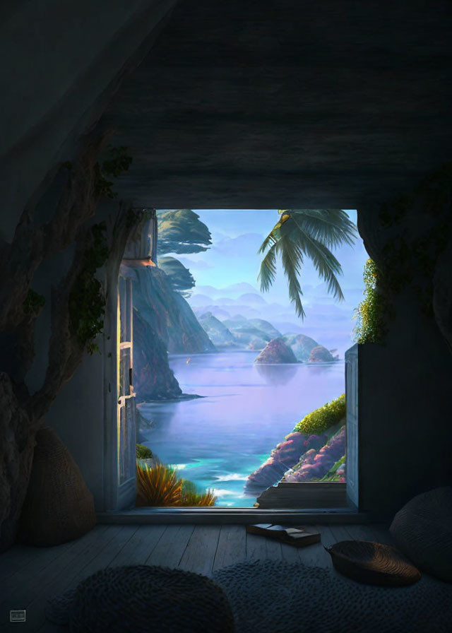 Tranquil cave room with tropical seascape view