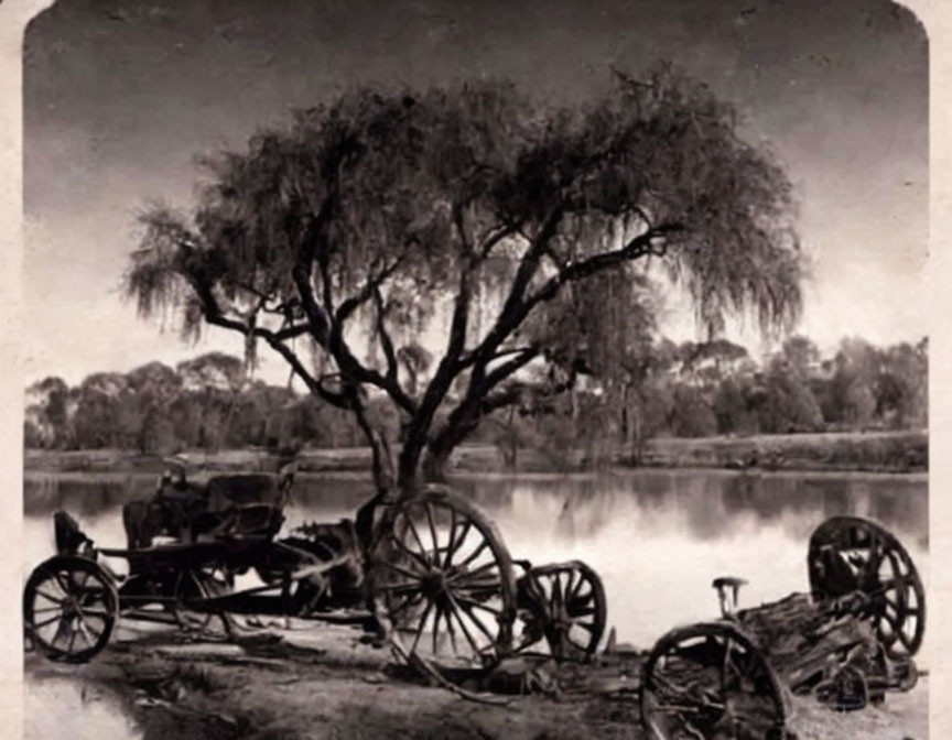 Vintage Black and White Photo: Abandoned Carriage by Tranquil Lake