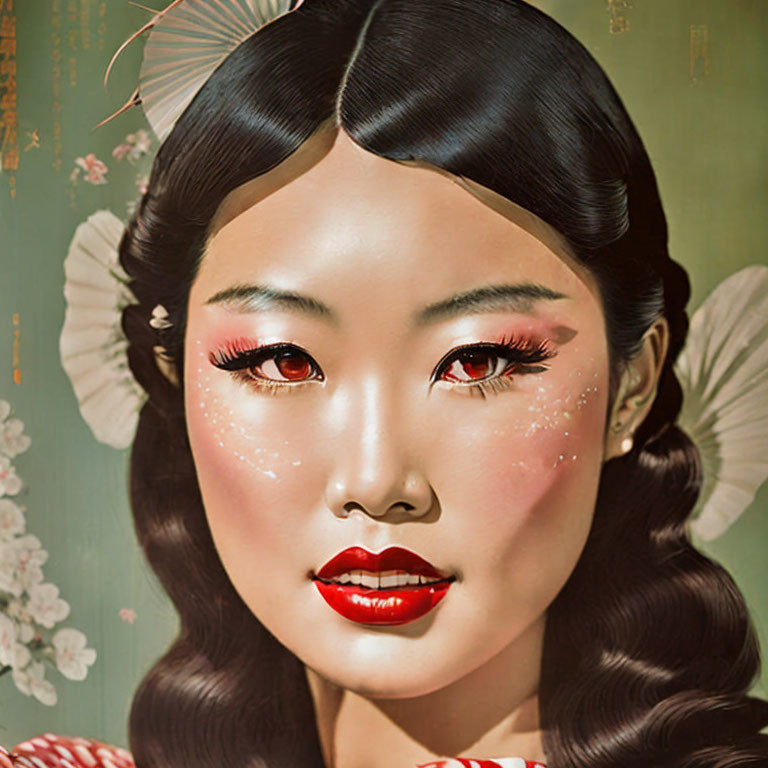 Digital Artwork: Woman with Stylized Features and Vintage Asian Aesthetic