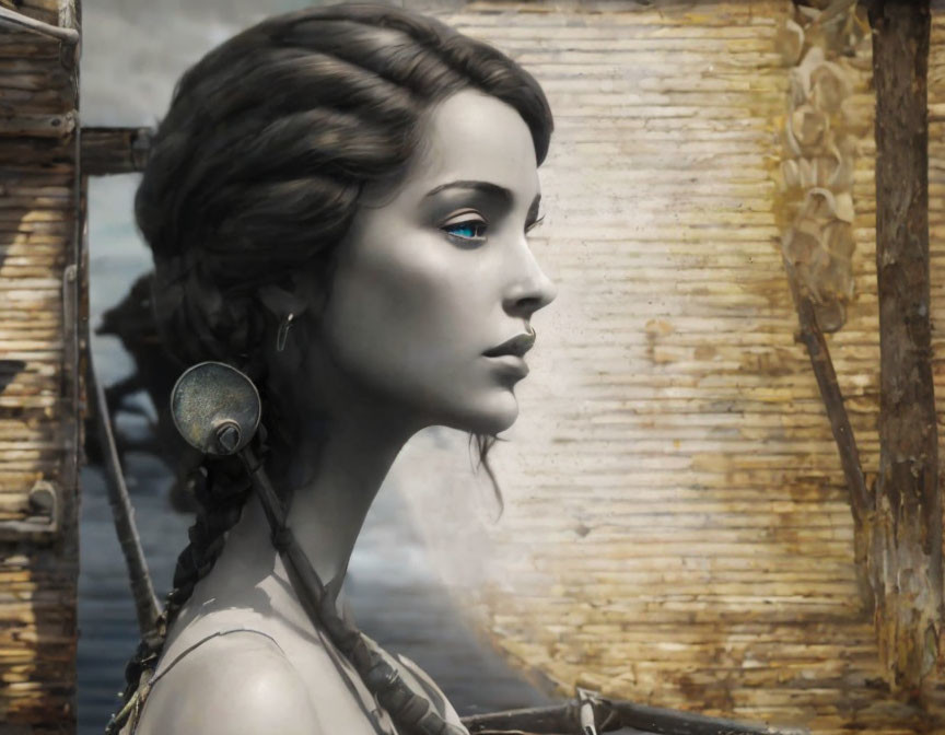 Portrait of woman with braided hair and blue eyes blending classical beauty with mechanical elements