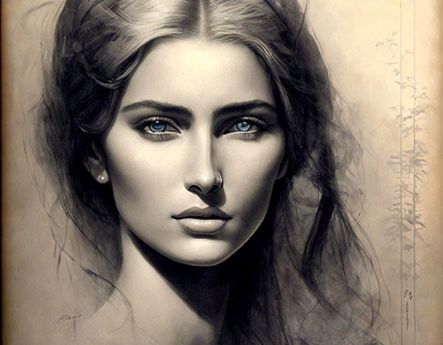 Detailed pencil portrait of a woman with blue eyes, arched eyebrows, full lips, and flowing hair