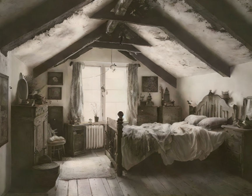 Cozy vintage attic bedroom with unmade bed and rustic decor