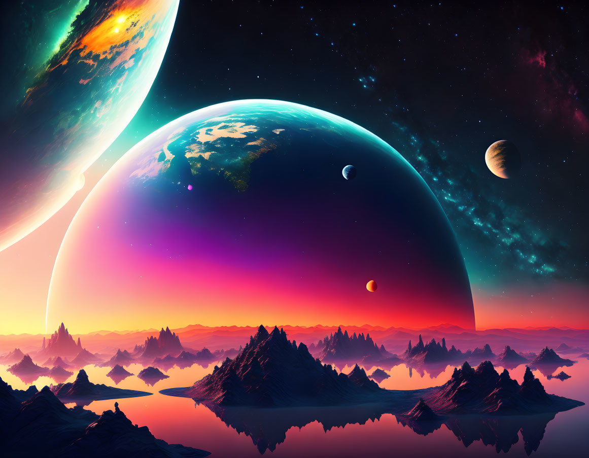 Colorful Sci-Fi Landscape with Celestial Bodies and Reflective Water