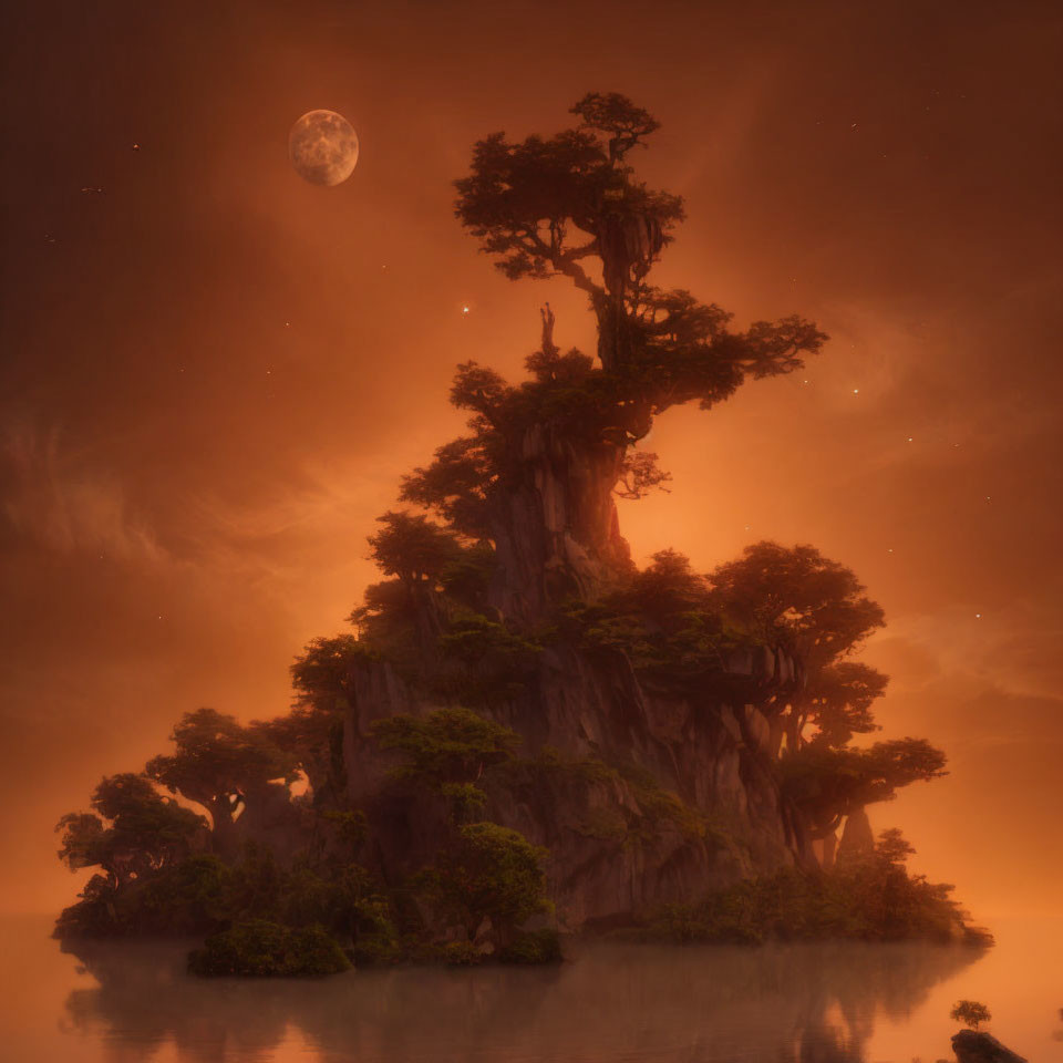 Moonlit amber sky over towering tree-covered rock formation by water