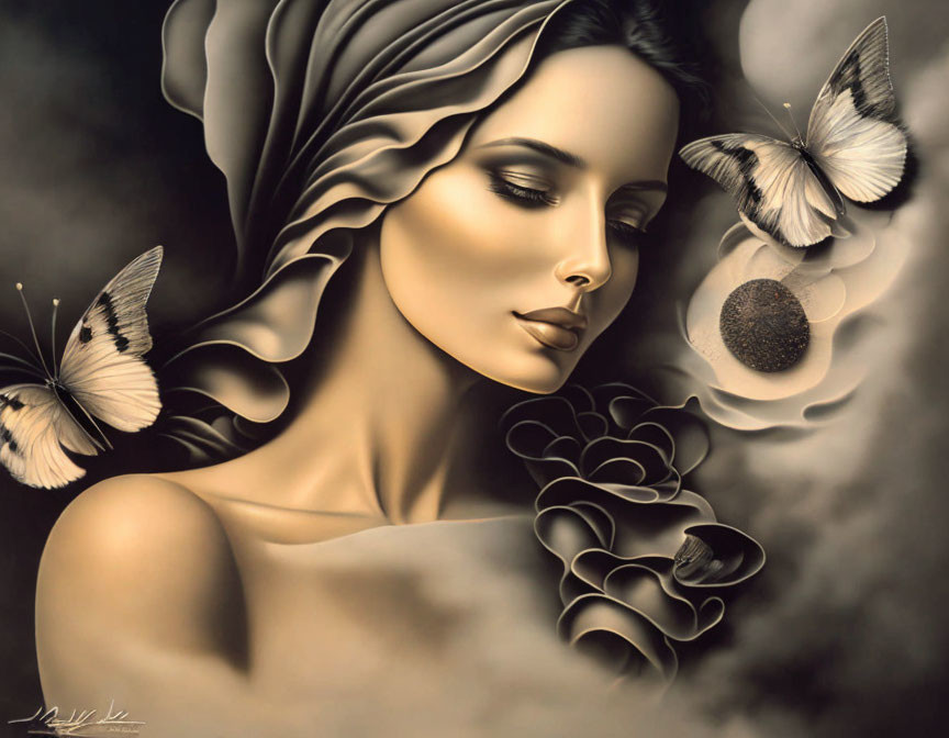 Monochromatic artwork of a serene woman with butterflies in sepia tones