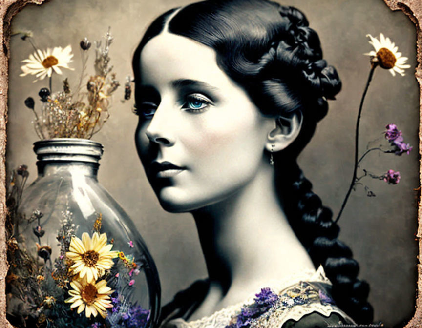 Vintage Portrait: Woman with Braided Hair and Floral Glass Bottle