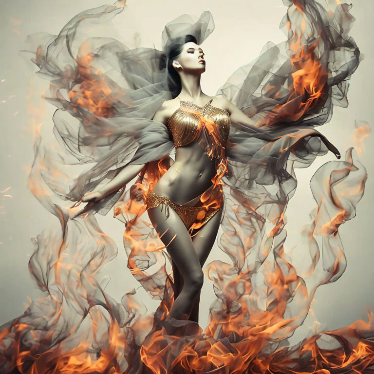 Golden Outfit Woman Poses in Flame-Like Fabric Against Neutral Background