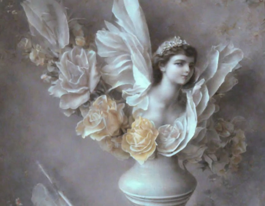 Ethereal artwork: Angelic figure with delicate wings and serene expression, emerging from vase among blo