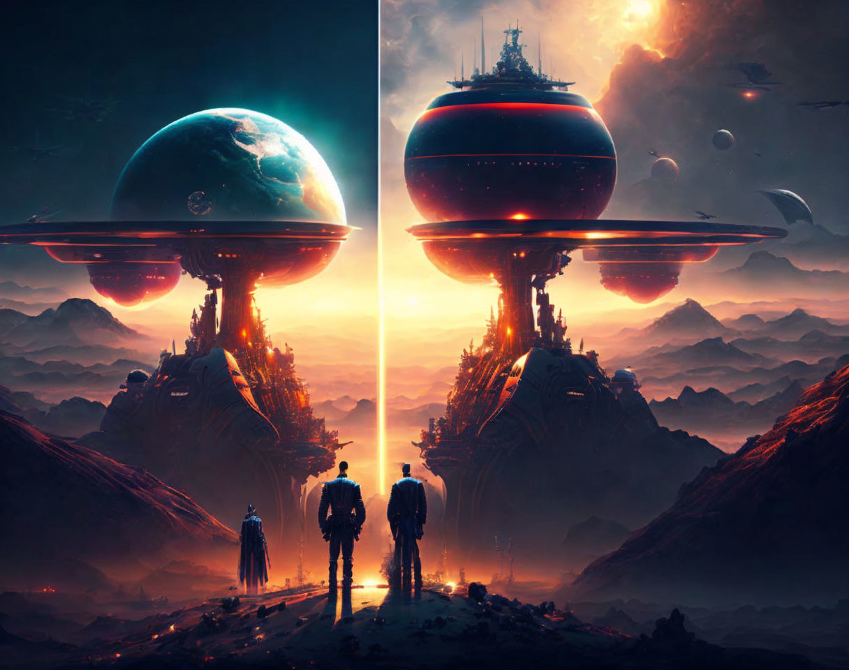 Two figures in alien landscape with towering structures and immense planets.