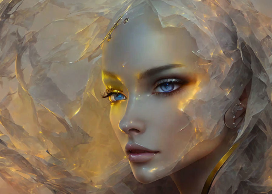 Digital artwork: Woman with blue eyes and translucent material in warm light