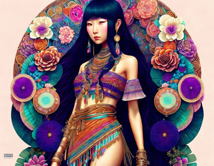 Illustrated woman in traditional attire with dark hair and gold jewelry amidst vibrant floral backdrop