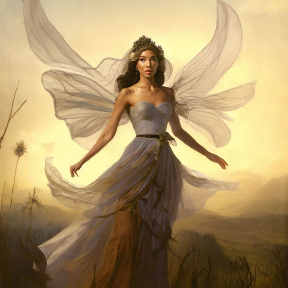 Ethereal figure with large white wings in serene landscape