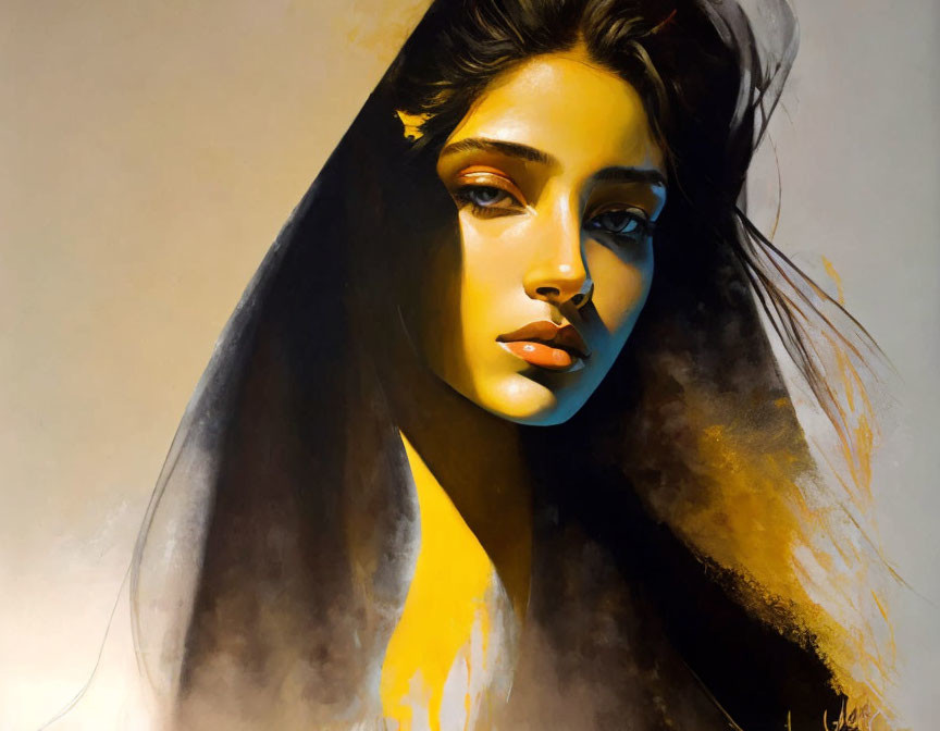 Portrait of Woman with Striking Features and Deep Gaze in Warm Tones