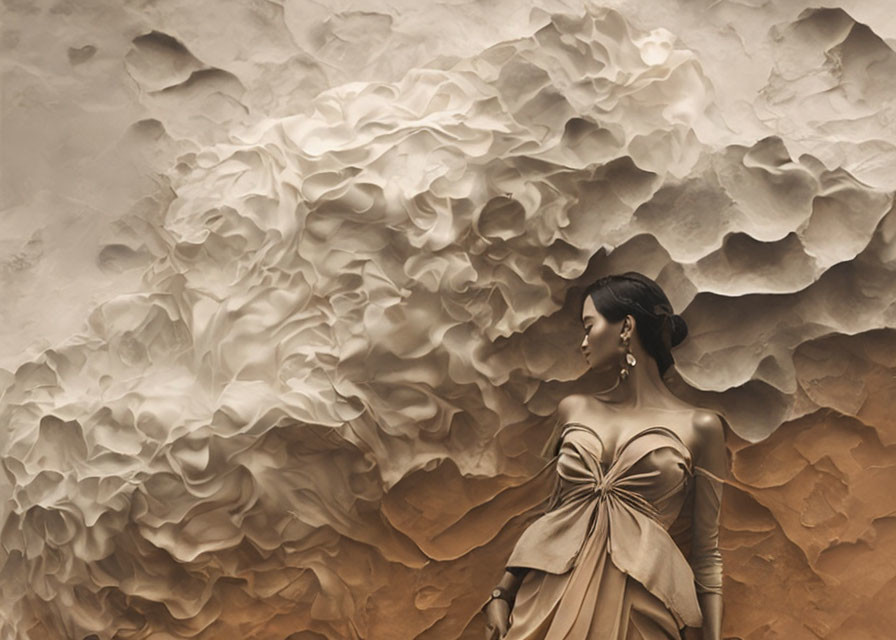 Woman in elegant dress against textured wall with cloud-like relief sculpture