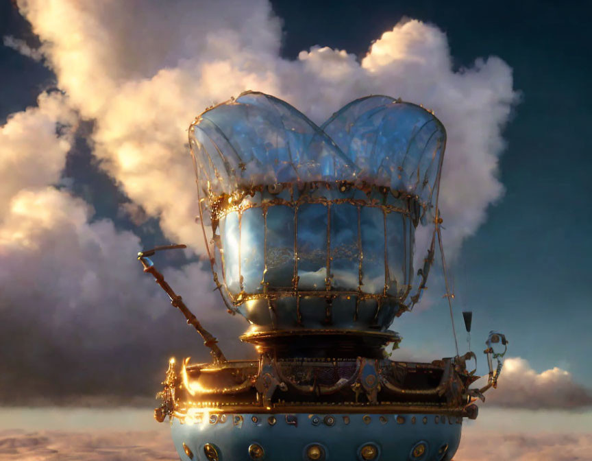 Fantastical airship with blue and gold gondola in sunset sky