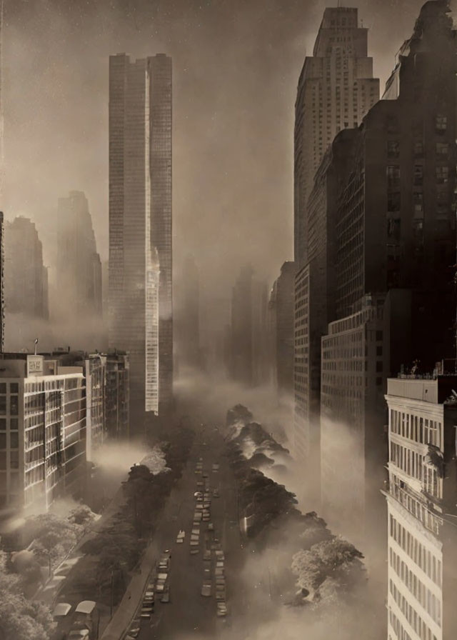 Sepia-Toned Cityscape with High-Rise Buildings and Foggy Atmosphere