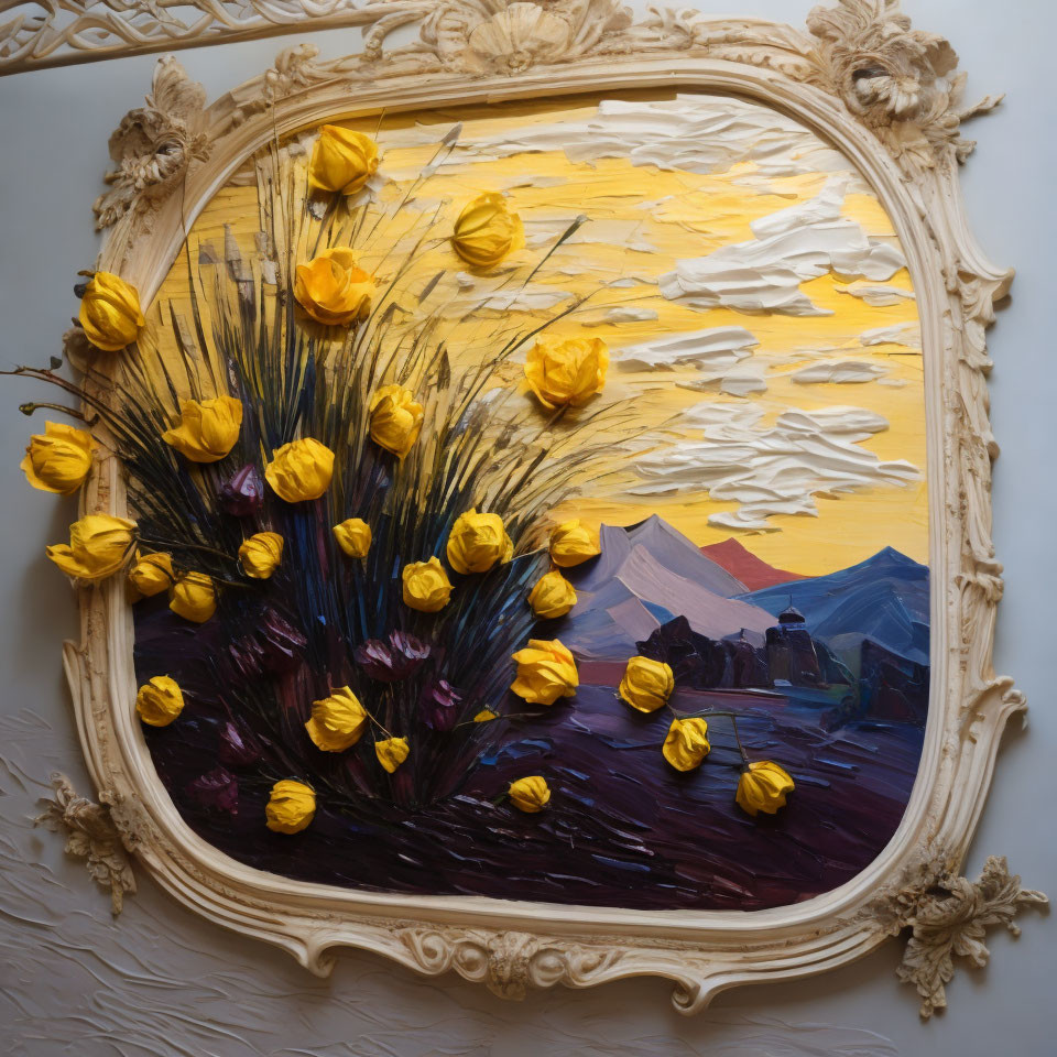 Vibrant yellow flowers in ornate framed painting