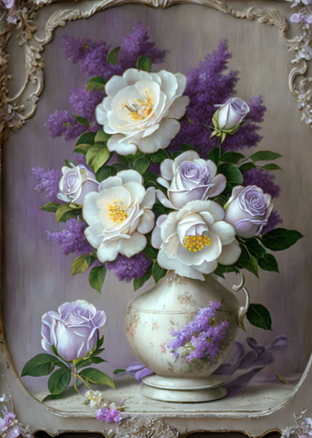 Vintage-style floral painting with white and purple roses in ornate vase.