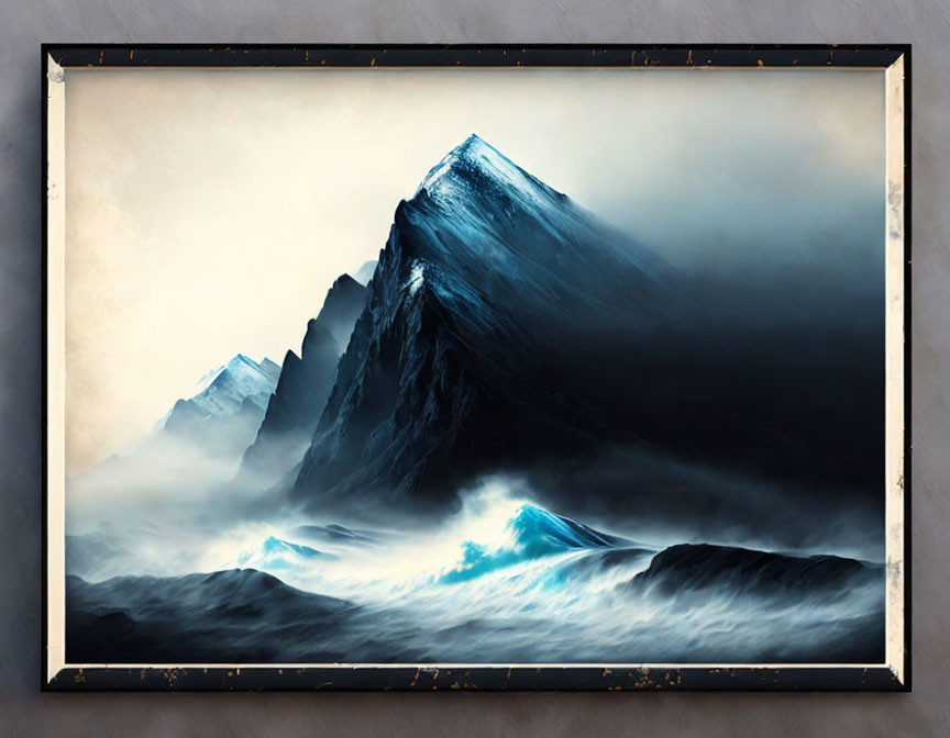 Dark mountain peak above misty clouds in framed picture