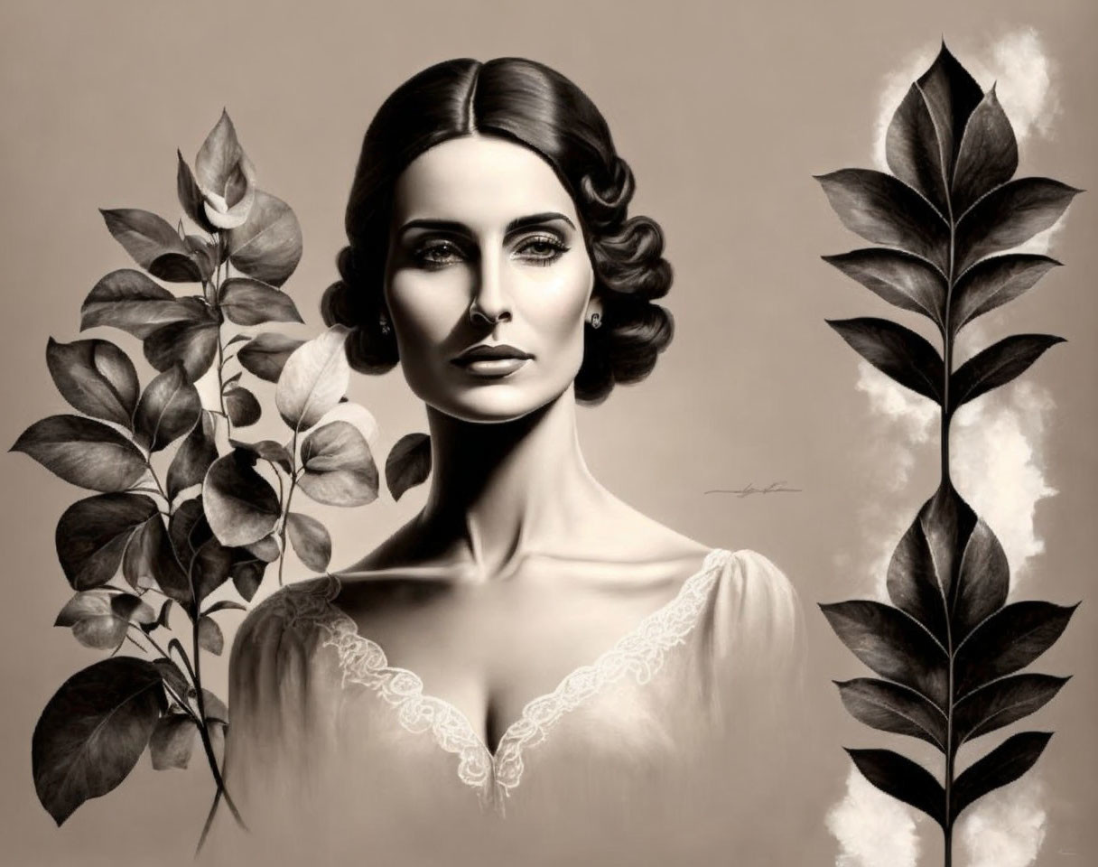 Monochromatic portrait of a woman with classic features and detailed leaves