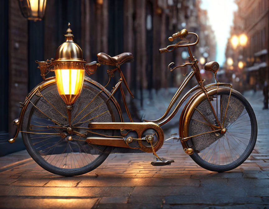 Vintage Bicycle with Large Front Lantern on Cobblestone Street at Twilight