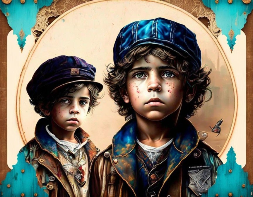 Illustrated Boys in Vintage Caps and Jackets with Ornate Frame and Butterfly