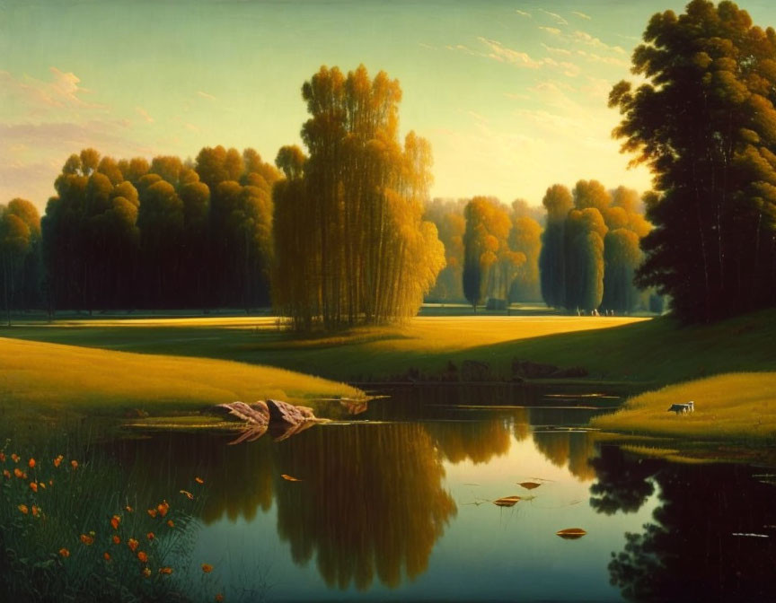 Tranquil landscape painting with lush green trees and calm lake