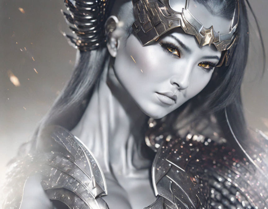 Female warrior with intricate metallic armor and horned helmet in close-up portrait.