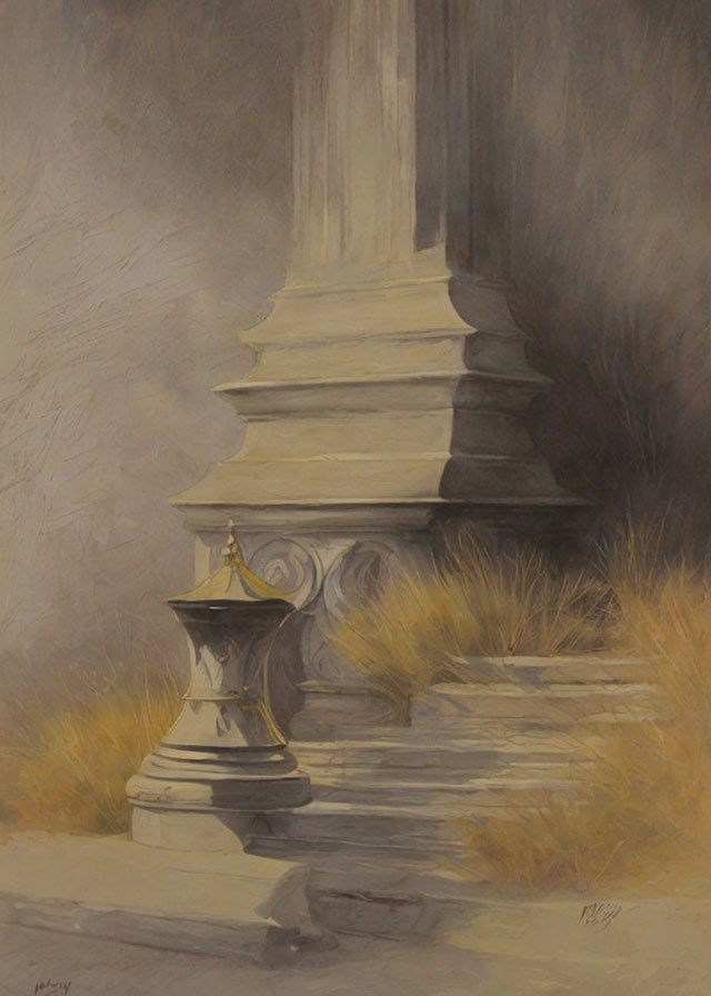 Oversized king chess piece painting near column in tall grass