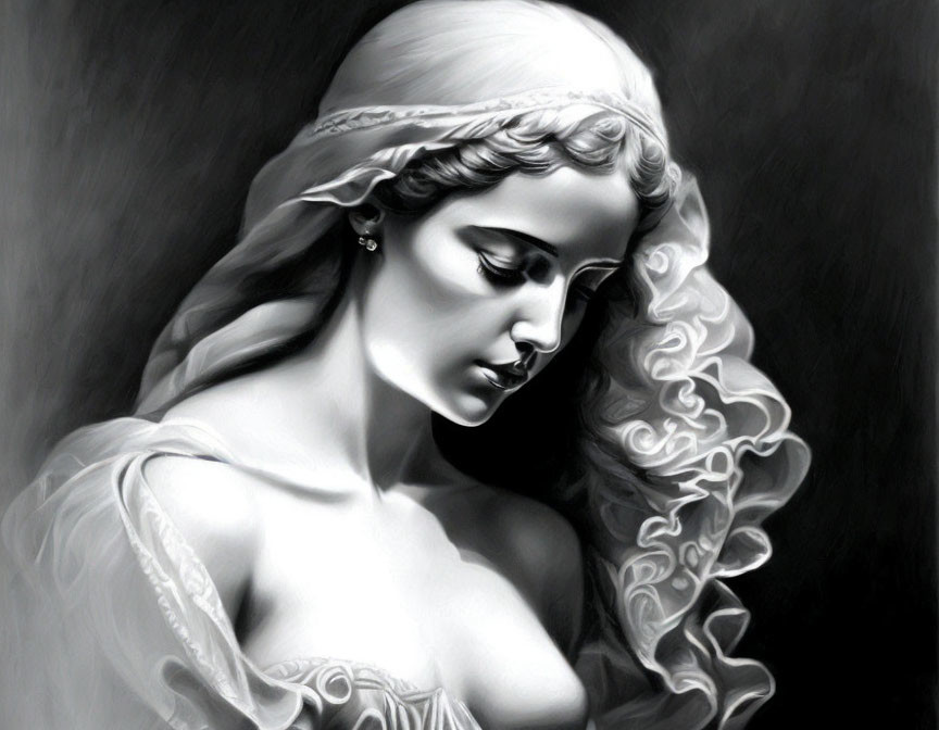 Monochrome art of woman with flowing hair and elegant attire