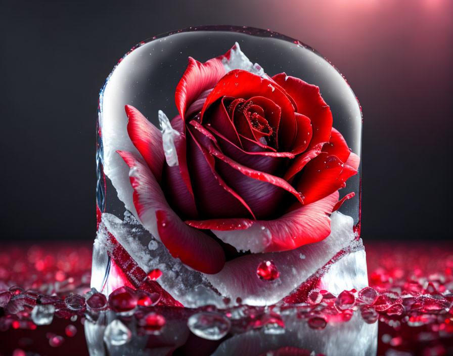 Red rose frozen in clear ice block on reflective surface