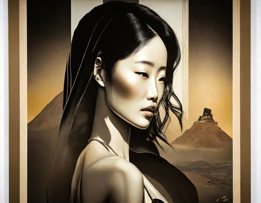 Sepia-toned painting of Asian woman with temple in modern-traditional blend