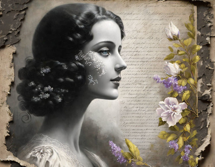 Vintage-style woman illustration with florals on parchment - romantic and nostalgic ambiance