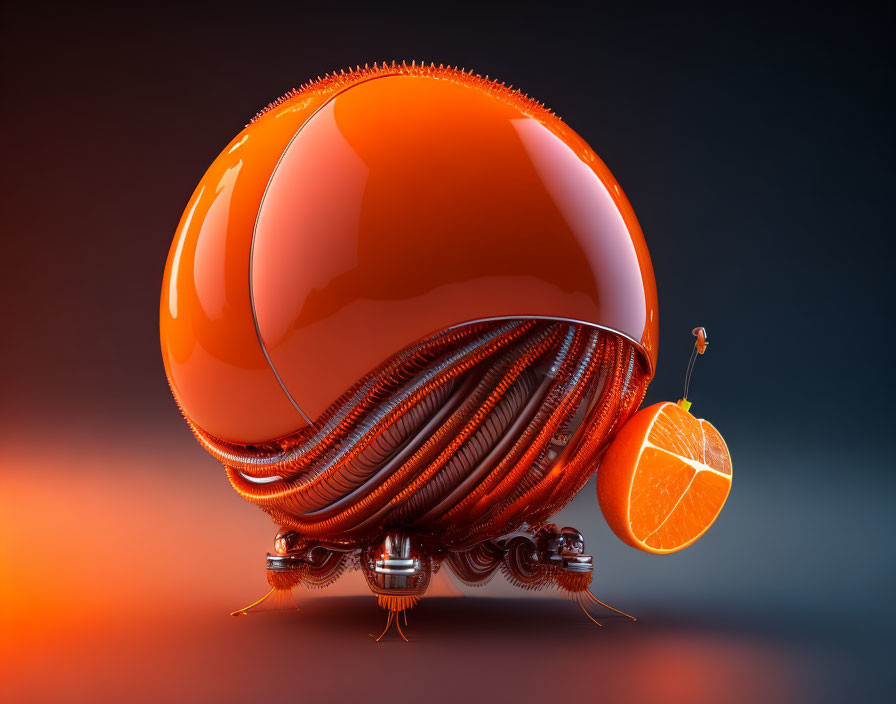 Metallic spherical orange object with intricate legs and gears on slice with wheel on gradient background