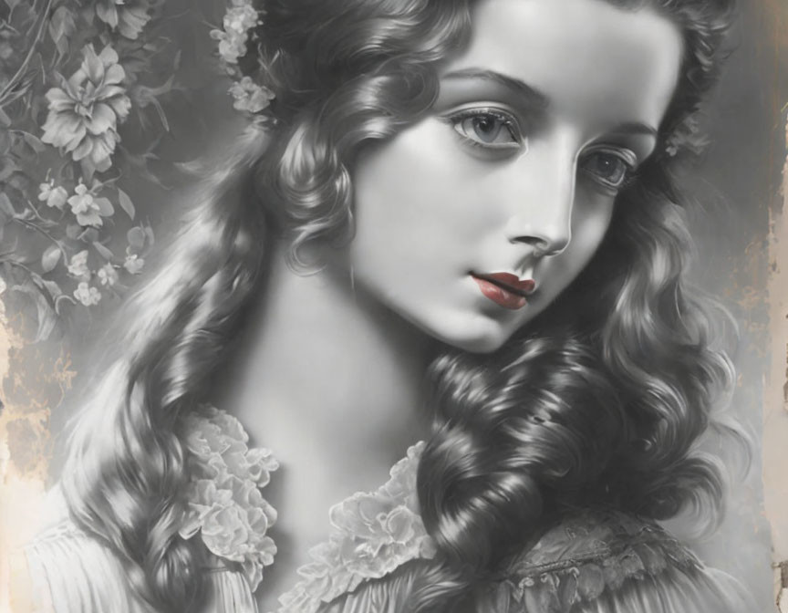 Monochromatic image of woman with wavy hair, light eyes, and red lips with floral accents